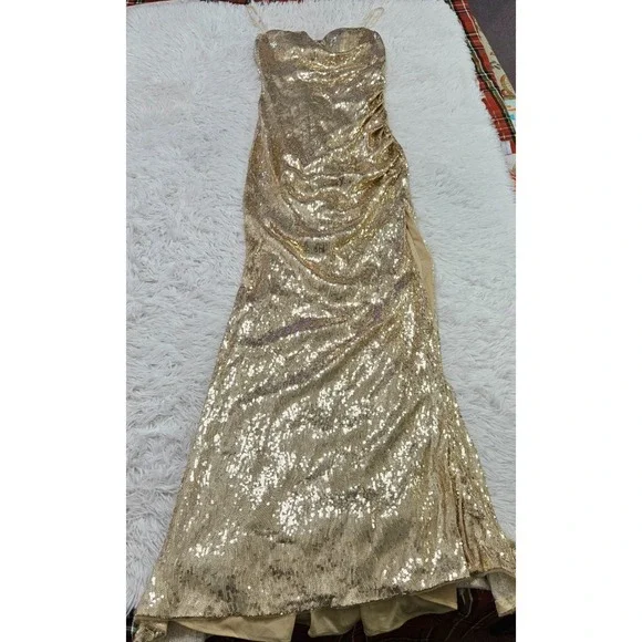 gold wedding dresses online Backless Sequin Cowl Neck Mini Dress – edikted main image 0